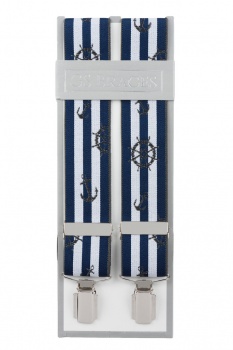 Blue and White Stripe Trouser Braces with Anchor and Wheel Design